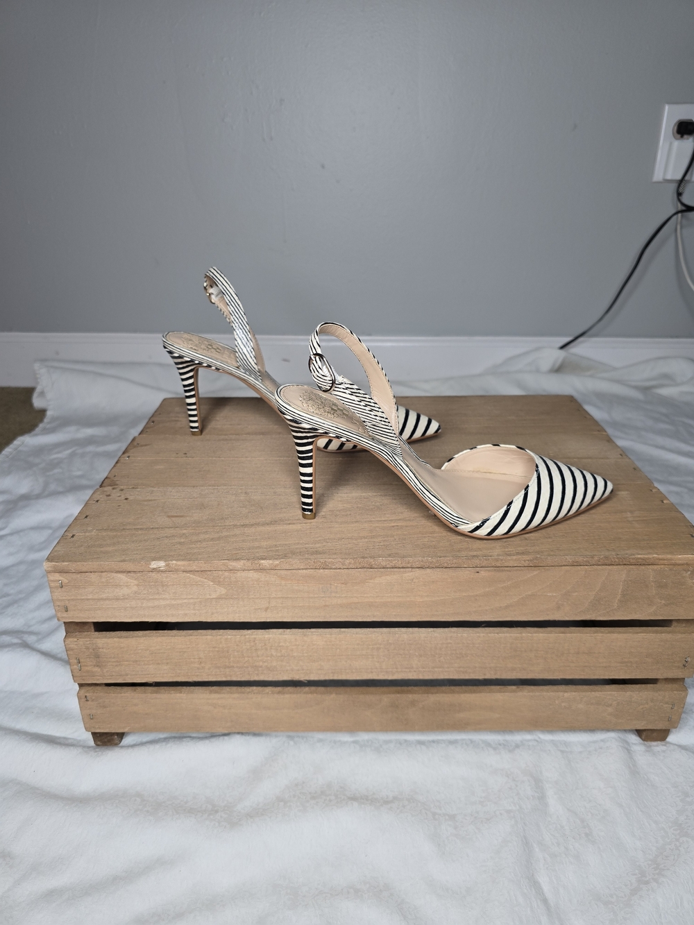 Striped Pointed Slingback Pumps in Black and White - Picture 5 of 10